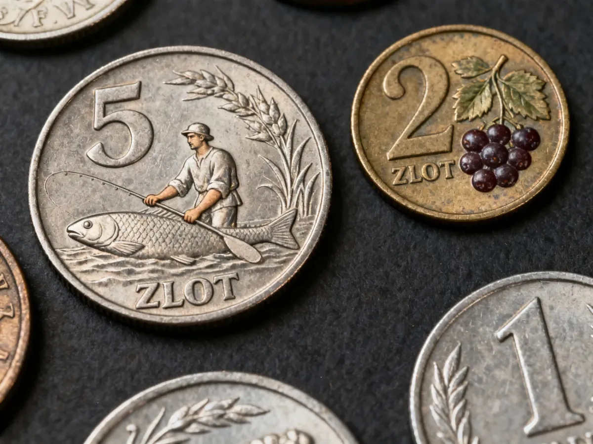 Zestaw popularnych monet z okresu PRL-u na powierzchni kolekcjonerskiej