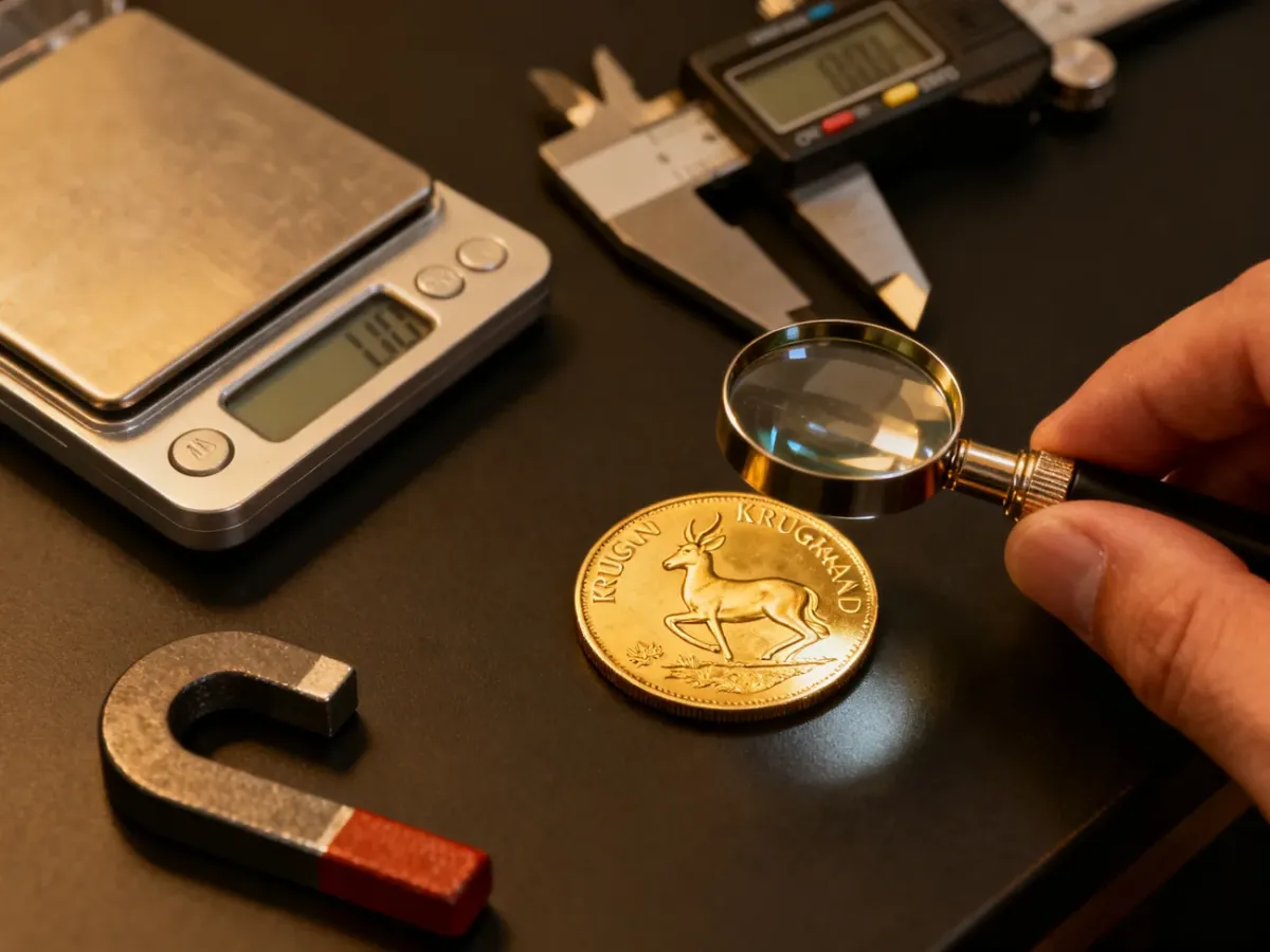 Sprawdzanie autentyczności monety Krugerrand za pomocą lupy, wagi i suwmiarki